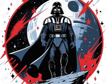 Op de afbeelding: Illustratie van Darth Vader die op een rotsachtig oppervlak staat, tegen een achtergrond van de Death Star en een sterrenruimte. Het kunstwerk heeft een rood en zwart kleurenschema, met Vader in zijn iconische zwarte harnas en cape.