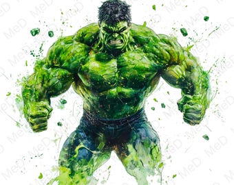 May include: A watercolor-style illustration of the Hulk, a muscular green superhero, in a dynamic pose. The Hulk is depicted with an angry expression, fists clenched, and wearing dark blue pants. Green paint splatters and accents enhance the action.