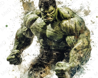 May include: A green and brown watercolor illustration of the Hulk, a fictional superhero, with a fierce expression. He is depicted with bulging muscles and a powerful stance.