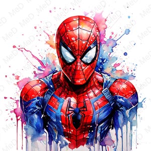 Puede incluir: Ilustración en acuarela de Spider-Man. El superhéroe está representado con su clásico traje rojo y azul, con un emblema de araña negra en el pecho. La obra presenta vibrantes salpicaduras de acuarela en el fondo, añadiendo un efecto dinámico.