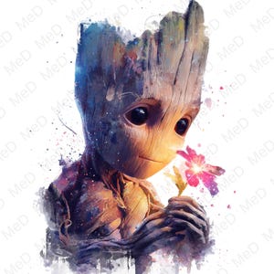以下が含まれることがあります： ピンクの花を持つグルートの、水彩画風イラスト。キャラクターは木のような質感で、茶色、青、紫の色合い。花はピンクと紫で、黄色の茎があります。背景は、水彩画の飛沫がある白です。