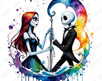 May include: Watercolor painting of Jack Skellington and Sally from the Nightmare Before Christmas movie. They are holding hands and standing in front of a rainbow-colored background.