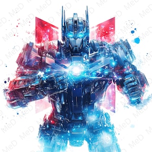 Op de afbeelding: Een blauwe en zilveren robot met gloeiende blauwe ogen staat voor een rode en blauwe achtergrond. De robot heeft een metalen, getextureerd oppervlak en lijkt in een vechtpositie te staan.