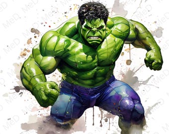 May include: A green and purple watercolor illustration of the Hulk, a fictional superhero, with a fierce expression. He is depicted with bulging muscles and a determined stance.