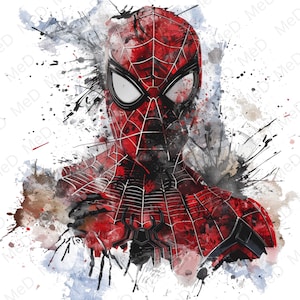 May include: A watercolor-style illustration of Spider-Man. The superhero's red and black suit is detailed with web patterns. Splatter effects in black, gray, and red surround the figure, creating a dynamic and artistic composition. The background is white.