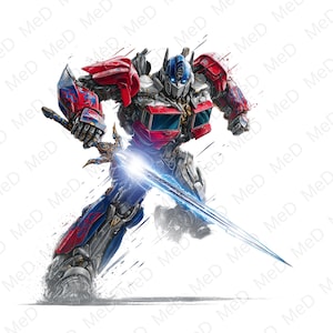 May include: An illustration of Optimus Prime, a robot character, holding a glowing blue sword. The artwork features a detailed design with red, blue, and silver colouring, set against a white background. The image captures a sense of action and power.