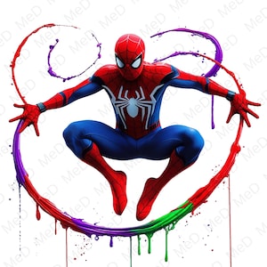 May include: A dynamic illustration of Spider-Man in a crouching pose, clad in a red and blue suit with a white spider emblem. The superhero is surrounded by a vibrant, colorful paint splash design in red, purple, and green, creating a striking visual effect.