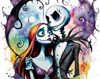 May include: Watercolor painting of Jack Skellington and Sally from The Nightmare Before Christmas. Jack is wearing a black and white striped suit and Sally is wearing a purple dress. The background is a colorful watercolor wash.