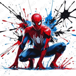 May include: Illustration of Spider-Man in a crouching pose, wearing a red and blue suit with a white spider emblem. The background features colorful paint splatters in red, blue, and black against a white backdrop.