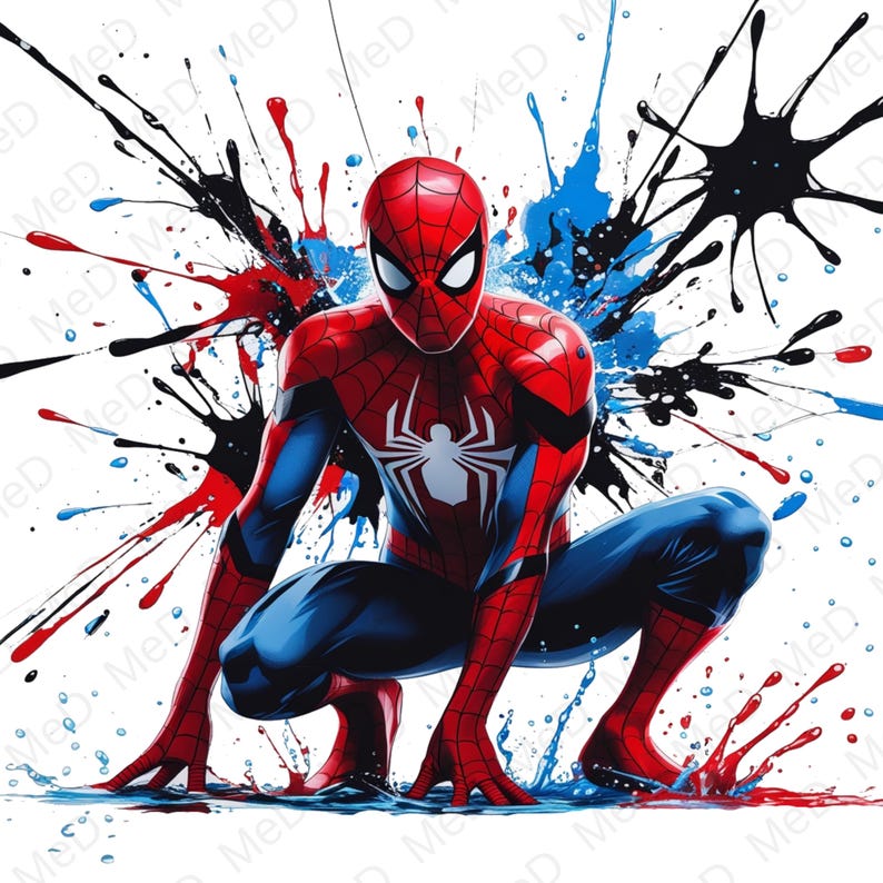 May include: Illustration of Spider-Man in a crouching pose, wearing a red and blue suit with a white spider emblem. The background features colorful paint splatters in red, blue, and black against a white backdrop.