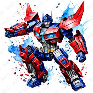 Puede incluir: Una pintura de acuarela de un robot rojo y azul con una placa de pecho amarilla. El robot está en una pose dinámica con los brazos extendidos y las piernas dobladas. El fondo es una lavada de acuarela azul y blanca.
