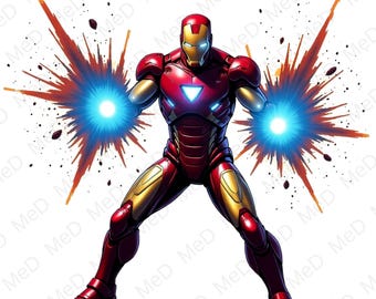 May include: Illustration of Iron Man in a dynamic pose, clad in a red and gold armored suit. The superhero is depicted with glowing blue energy emanating from his hands, accompanied by orange and brown bursts. The image has a white background.