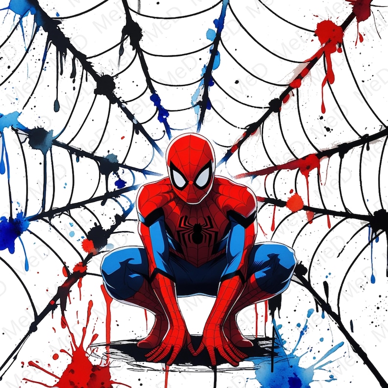 May include: A vibrant illustration of Spider-Man in a crouching pose, set against a white backdrop with a black spiderweb design. The superhero is depicted in his classic red and blue suit, with red and blue paint splatters.