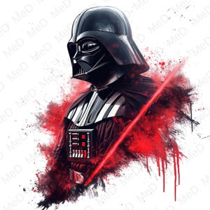 以下が含まれることがあります： スターウォーズのダース・ベイダーのデジタルアートイラスト。画像は赤、黒、白のカラーパレットで、赤い飛沫効果が施されています。ダース・ベイダーは赤いライトセーバーを持っています。
