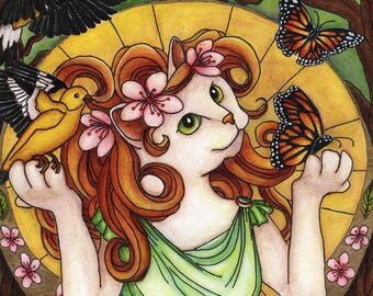 Fantasy Cat Art Nouveau Butterflies Spring Nature Fine Art Print