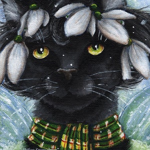 Black Cat Snowdrop Flower Fairy Fantasy Art, 8x10 Fine Art Reproduction Print image 1