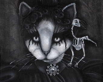 Gothic Cat Art Dead Raven Skeleton Black and White Fine Art Print
