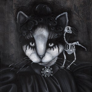 Gothic Cat Art Dead Raven Skeleton Black and White Fine Art Print image 1