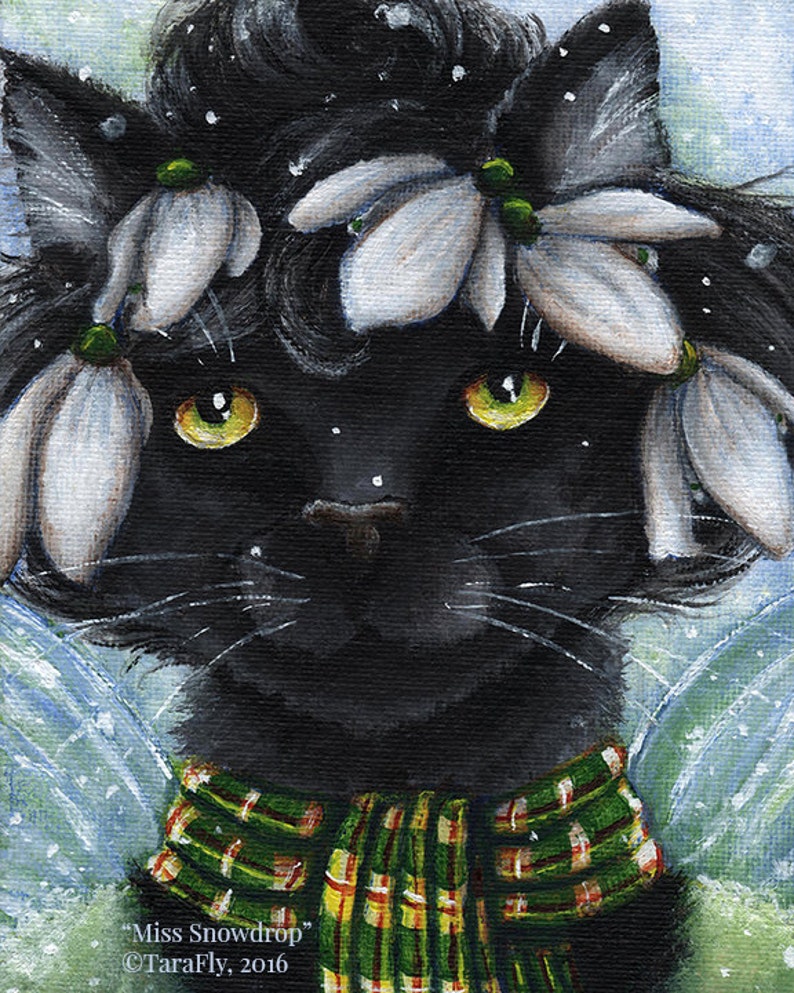 Black Cat Snowdrop Flower Fairy Fantasy Art, 8x10 Fine Art Reproduction Print image 1