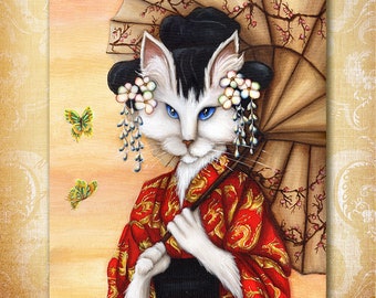 White Cat Wearing Japanese Red Kimono with Gold Dragons Fine Art Print