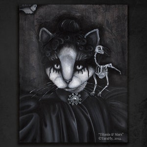 Gothic Cat Art Dead Raven Skeleton Black and White Fine Art Print image 2