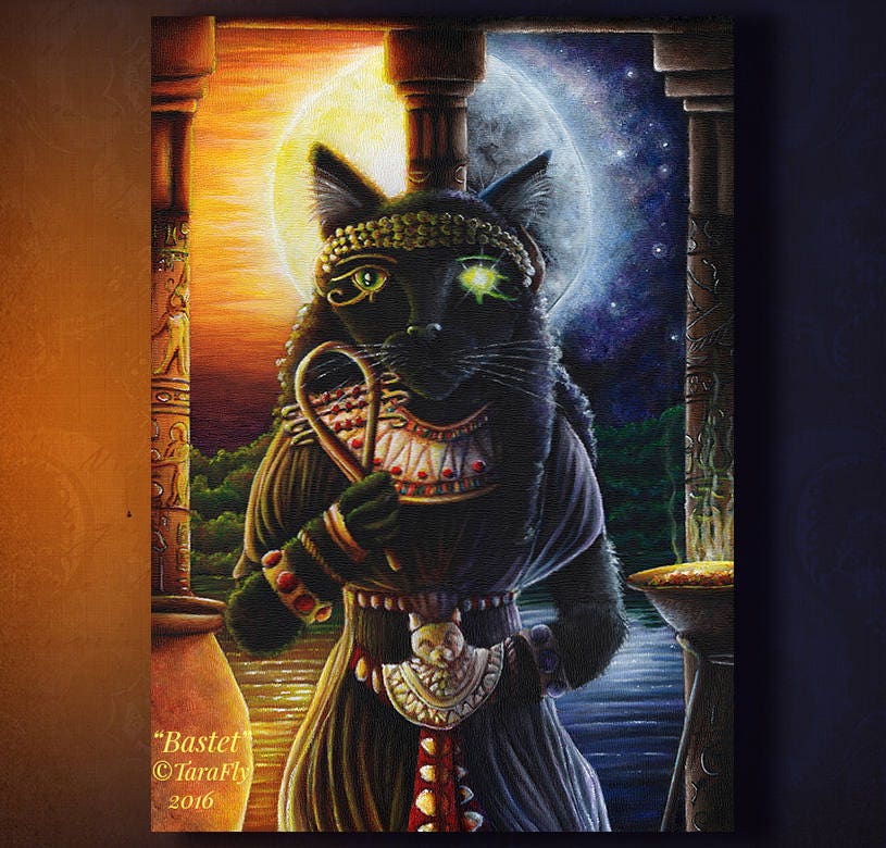 Bastet Egyptian Cat Goddess Sun and Moon Fine Art Print 5x7 Etsy