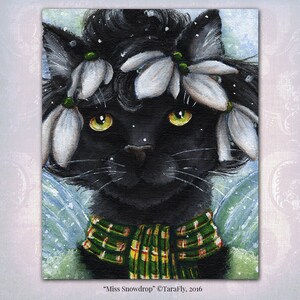 Black Cat Snowdrop Flower Fairy Fantasy Art, 8x10 Fine Art Reproduction Print image 2