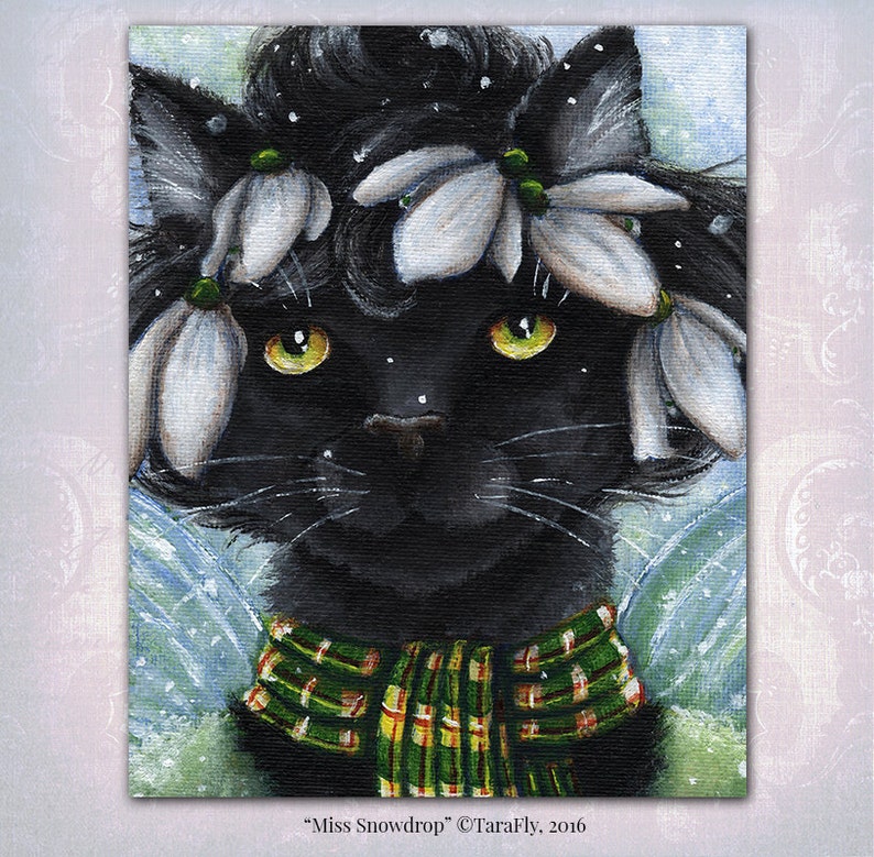 Black Cat Snowdrop Flower Fairy Fantasy Art, 8x10 Fine Art Reproduction Print image 2