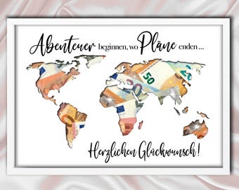 Regalo de dinero, mapa del mundo personalizado, marco de fotos de viaje por el mundo, cumpleaños, feliz cumpleaños, felicitaciones, cupón de viaje A4