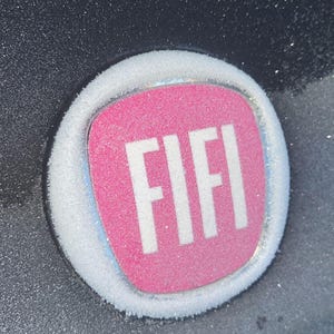 May include: A close-up of a white and pink car emblem with the word "FIFI" in white letters.