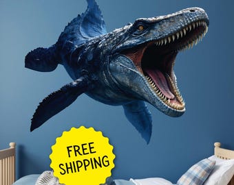 Water Dinosaur Wall Decal, Mosasaurus Boy Room Sticker, Blue Sea Dino Decoration, Jurassic Ocean Playroom Wall Art Removable Vinyl