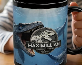 Personalized Water Dinosaur Mug, Custom Name Mosasaurus Cup, Prehistoric Sea Monster Gift, Black Jurassic Ocean Mug, Boys Birthday Gift