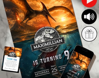 Animated Flying Dinosaur Birthday Invitation, Editable Jurassic Sky Video Invite, Pterodactyl Party Canva Template, Volcano Ocean Mosasaurus