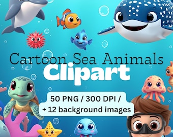 3D Cartoon Sea Animals Clipart: Ocean Creatures PNG (Commercial Use)