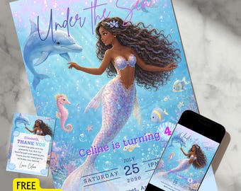 Black Mermaid Birthday Invitation, Watercolor Sea Life Invite, Editable Canva Invite, Gold Shimmer Under the Sea Party (Digital File)
