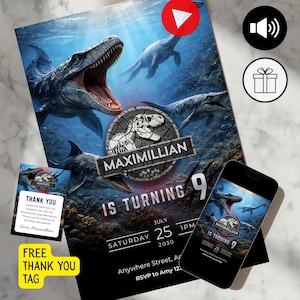 May include: A dinosaur-themed birthday invitation featuring a large mosasaur, a plesiosaur, and a T-Rex skull logo. The text reads Maximillian is turning 9 on Saturday, July 25, 2030. Includes a matching thank you tag and a smartphone display mockup.