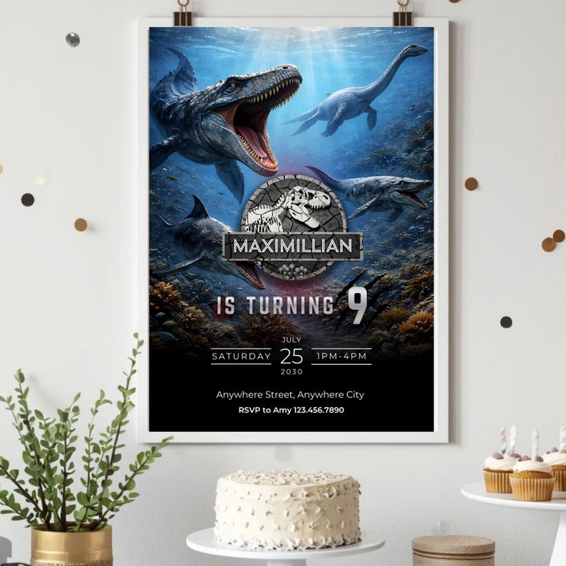 May include: A framed birthday party invitation featuring a dinosaur theme. The invitation includes the name "Maximillian", the phrase "Is Turning 9", and the date "July 25, 2030". The design showcases various prehistoric creatures in an underwater setting.