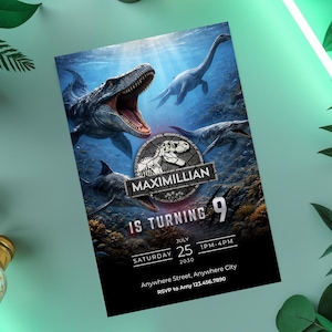May include: A birthday party invitation featuring a detailed illustration of prehistoric sea creatures. The invitation includes the name "Maximillian", the words "Is Turning 9", and event details. The design incorporates a dark blue and green color scheme.