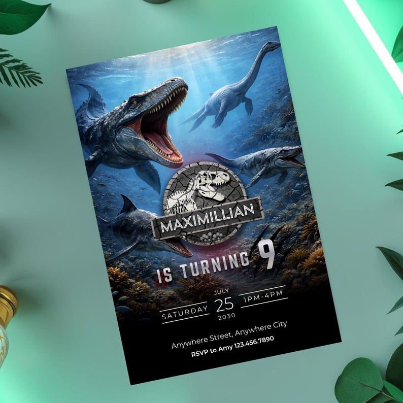 May include: A birthday party invitation featuring a detailed illustration of prehistoric sea creatures. The invitation includes the name "Maximillian", the words "Is Turning 9", and event details. The design incorporates a dark blue and green color scheme.