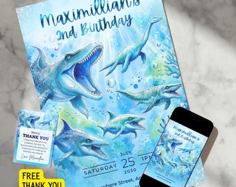 Blue Watercolor Water Dinosaur Birthday Invitation, Editable Ocean Dino Toddler Invite, Mosasaurus Party Template, Blue and Silver Accents