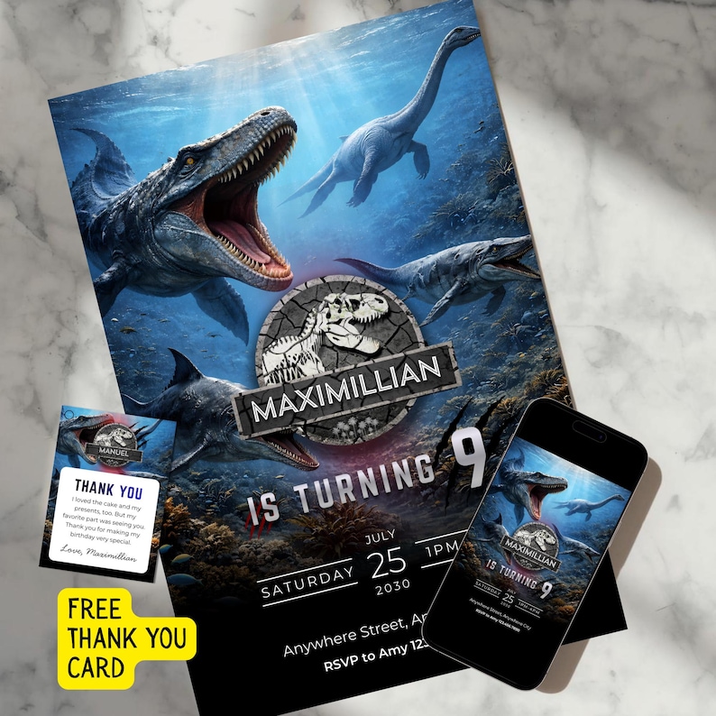 Water Dinosaur Birthday Invitation, Jurassic Ocean Kids Invite, Editable Canva Invite, Mosasaurus Party (Digital File) image 1