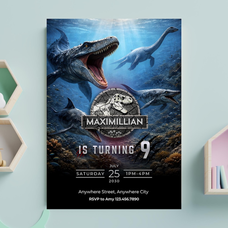 May include: A digitally illustrated birthday invitation featuring a prehistoric theme. The design showcases various marine dinosaurs, including a Mosasaurus with an open mouth. The invitation includes the name "Maximillian", the age "9", and the date and time of the party.
