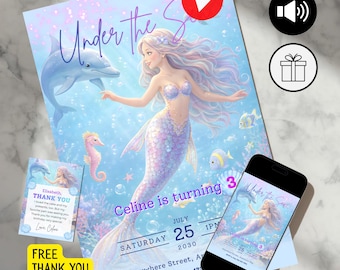 Animated Watercolor Mermaid Invitation, Editable Canva Mermaid Video Invite, Golden Pastel Under the Sea Birthday Party, Digital File