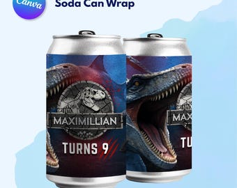 Water Dinosaur Soda Can Label Template, Editable Canva Dino Birthday Drink Wrap, Mosasaurus Jurassic Party Decoration, Printable Can Label