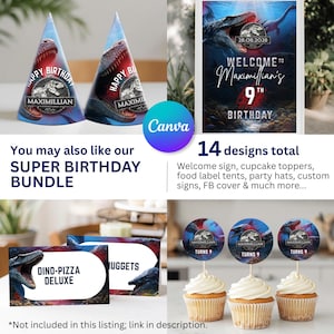 May include: A collection of dinosaur-themed birthday party supplies. Includes party hats, a welcome sign, cupcake toppers, food labels, and more. The designs feature a dinosaur and the text "Happy Birthday Maximilian".