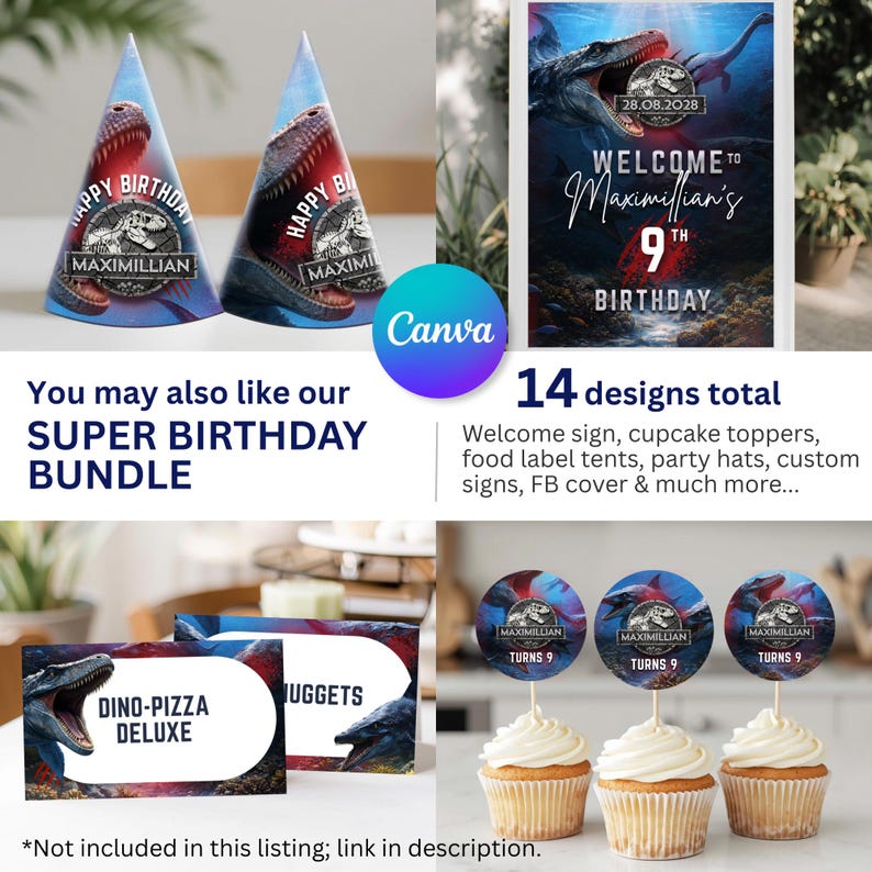 May include: A collection of dinosaur-themed birthday party supplies. Includes party hats, a welcome sign, cupcake toppers, food labels, and more. The designs feature a dinosaur and the text "Happy Birthday Maximilian".