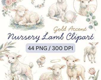Baby Lamb Nursery Clipart PNG, Watercolor Sheep with Gold Accents, Neutral Pastel Farm Animals, Baby Shower Decor, Sublimation