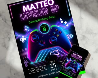 Video Game Birthday Party Invitation, Editable Level Up Invite, Arcade Theme, Neon Glow Gamer Joystick, Canva (Digital File)
