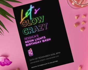 Neon Lights Party Invitation, Editable Cocktail Birthday Invite, Ladies Night, Adult Glow Party, Canva (Digital File)