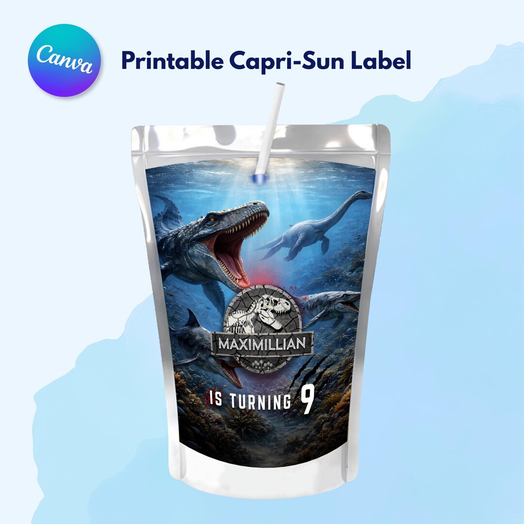 Water Dinosaur Capri Sun Label Template, Editable Sea Dino Birthday ...